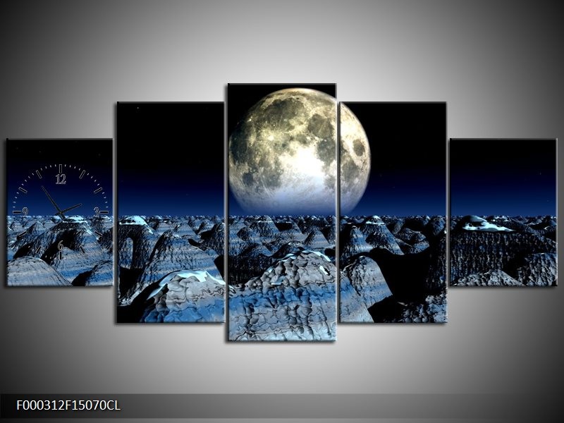 Klok schilderij Maan | Blauw, Grijs, Wit | 150x70cm 5Luik