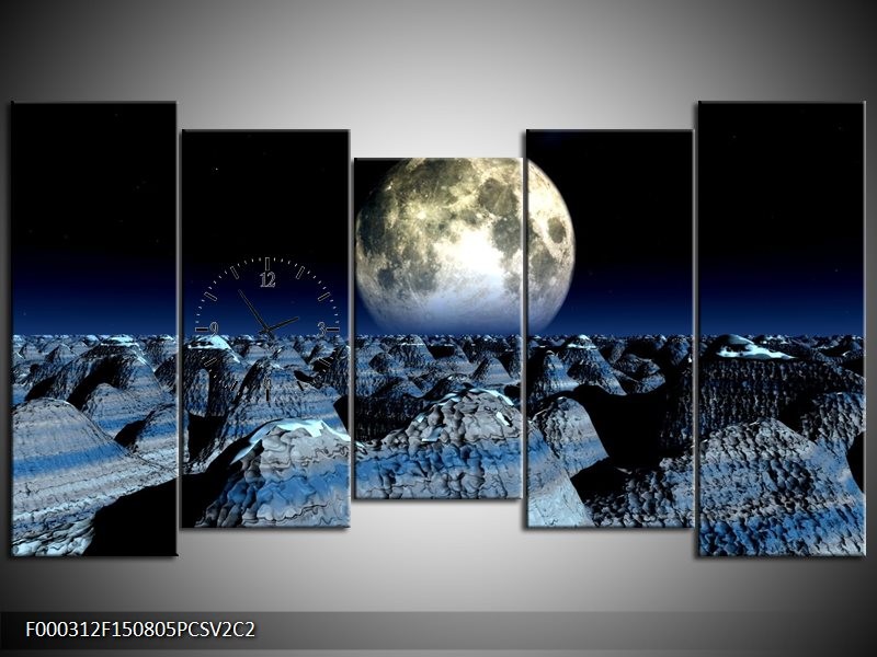 Klok schilderij Maan | Blauw, Grijs, Wit | 150x80cm 5Luik