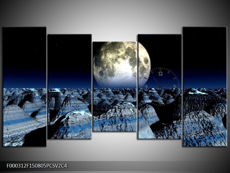 Klok schilderij Maan | Blauw, Grijs, Wit | 150x80cm 5Luik