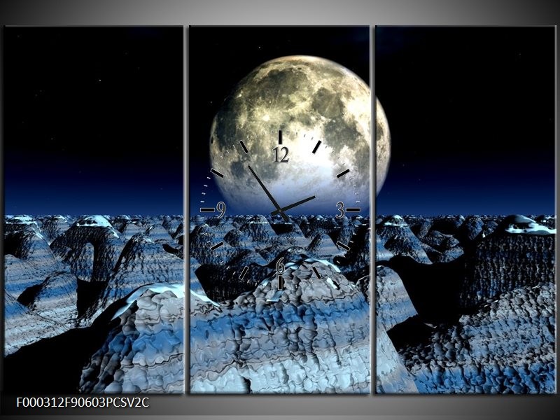 Klok schilderij Maan | Blauw, Grijs, Wit | 90x60cm 3Luik
