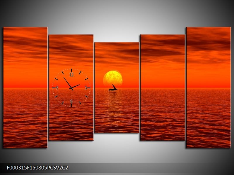 Klok schilderij Zonsondergang | Rood, Geel, Zwart | 150x80cm 5Luik