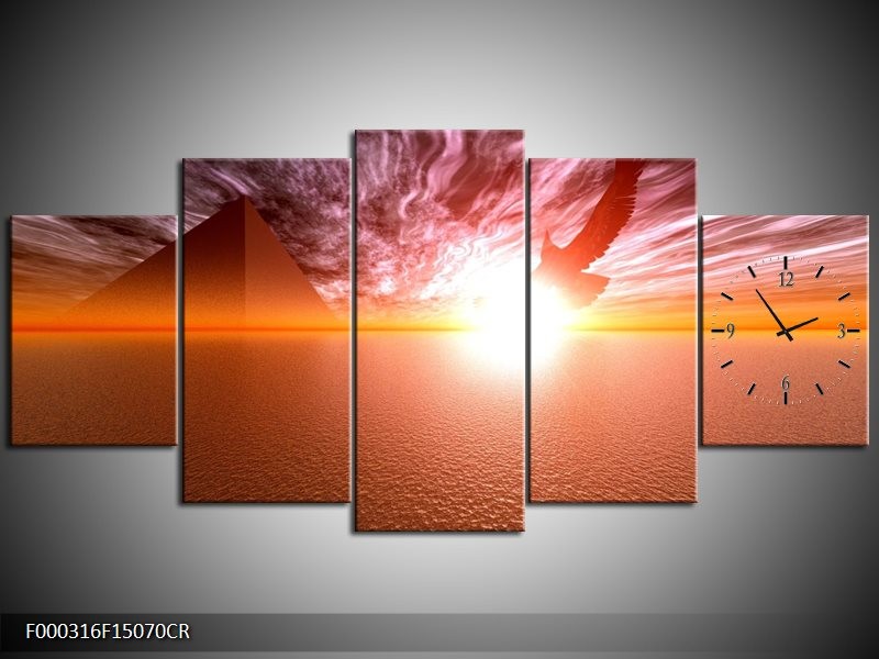 Klok schilderij Zonsondergang | Geel, Wit, Oranje | 150x70cm 5Luik