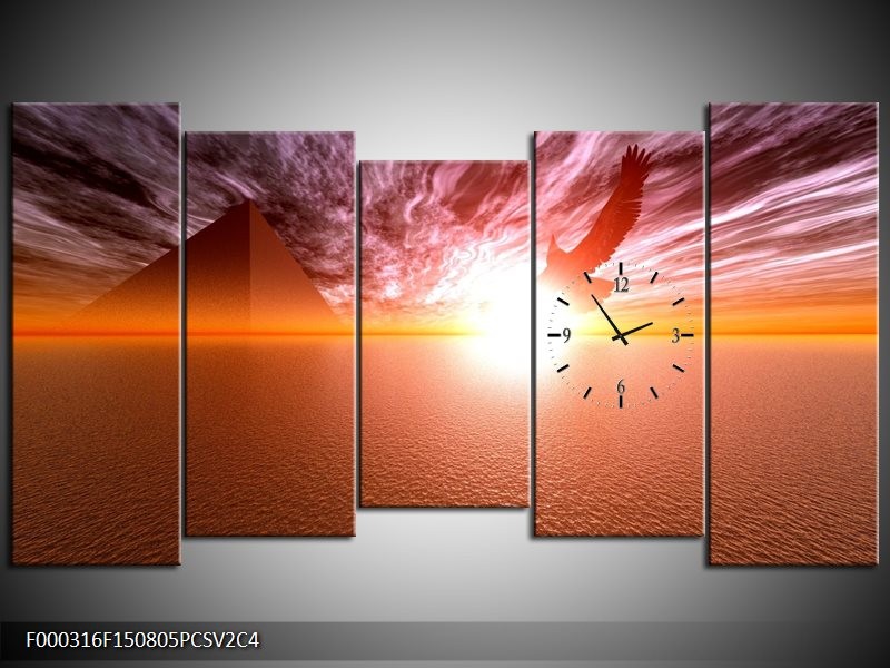 Klok schilderij Zonsondergang | Geel, Wit, Oranje | 150x80cm 5Luik