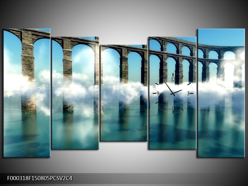 Klok schilderij Bruggen | Blauw, Wit, Grijs | 150x80cm 5Luik