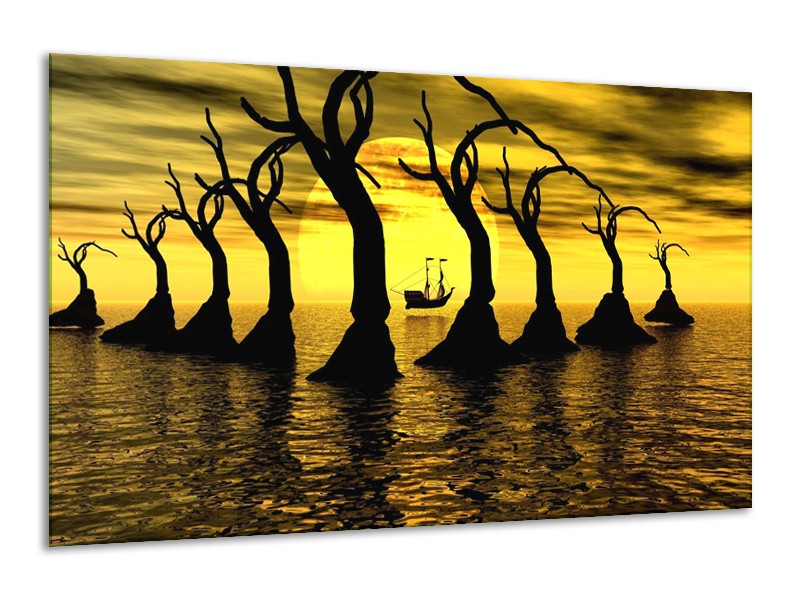 Canvas schilderij Zonsondergang | Geel, Zwart, Bruin | 120x70cm 1Luik