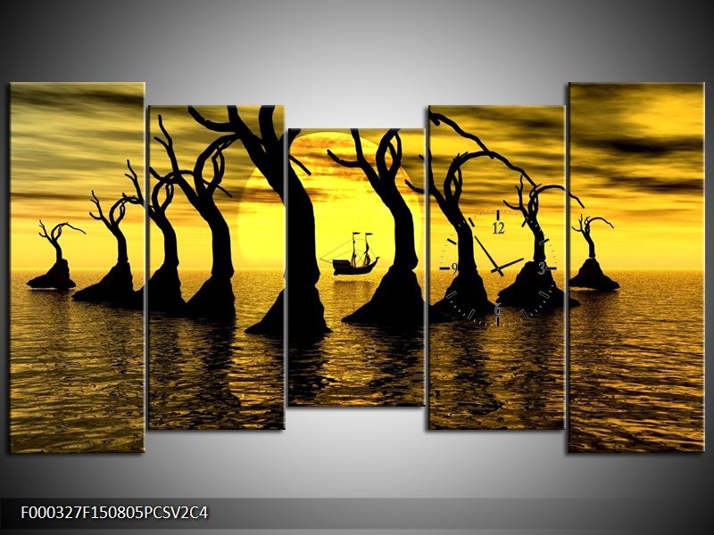 Klok schilderij Zonsondergang | Geel, Zwart, Bruin | 150x80cm 5Luik