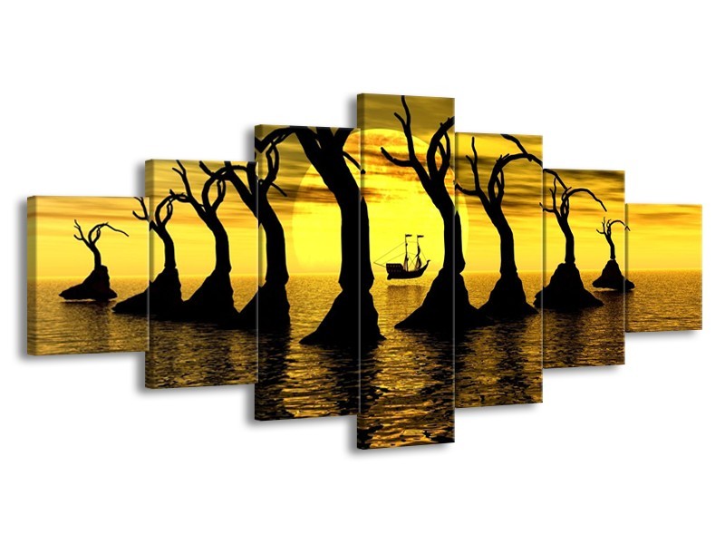 Canvas schilderij Zonsondergang | Geel, Zwart, Bruin | 210x100cm 7Luik