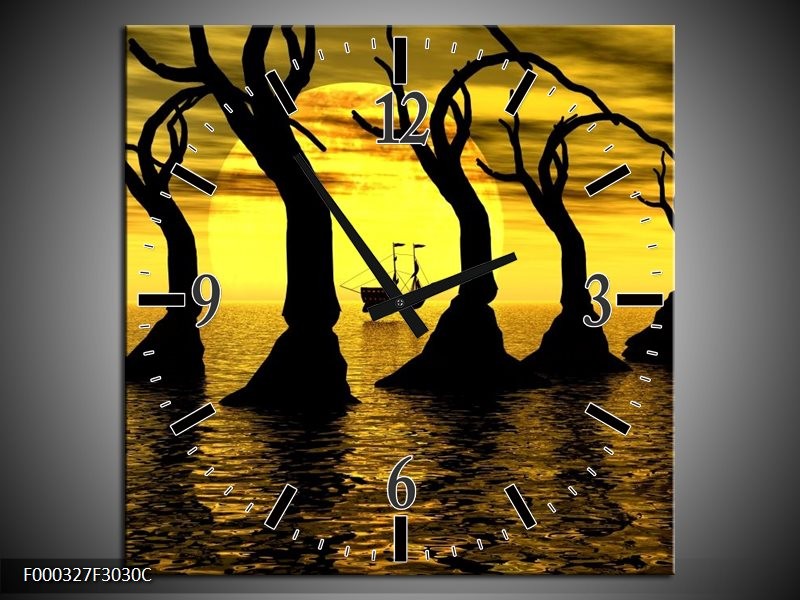 Klok schilderij Zonsondergang | Geel, Zwart, Bruin | 30x30cm 1Luik