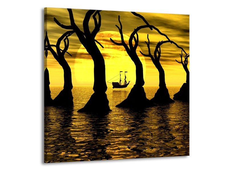 Canvas schilderij Zonsondergang | Geel, Zwart, Bruin | 50x50cm 1Luik