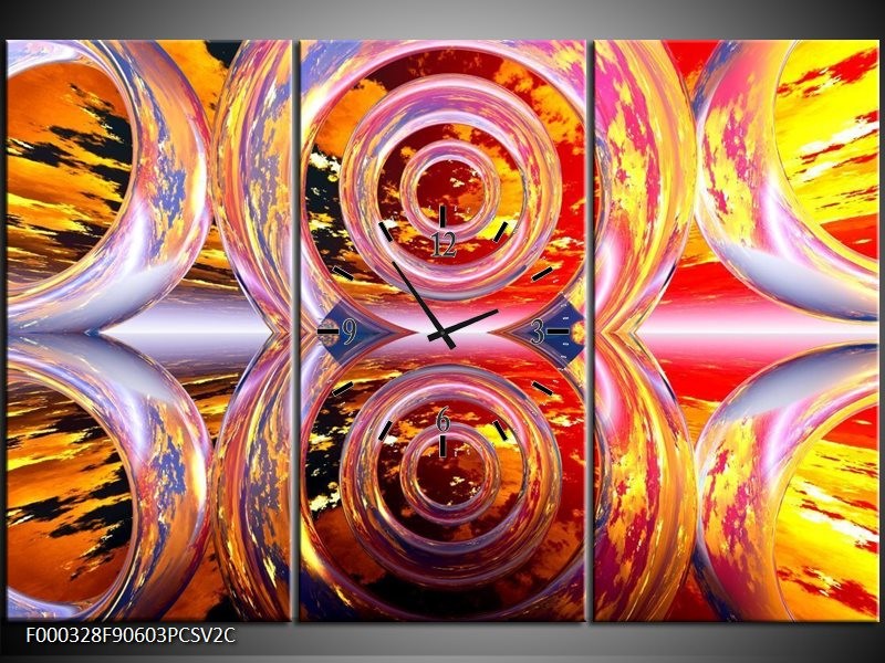 Klok schilderij Cirkel | Geel, Rood, Grijs | 90x60cm 3Luik