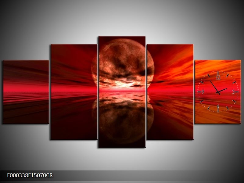 Klok schilderij Zonsondergang | Rood, Oranje, Zwart | 150x70cm 5Luik