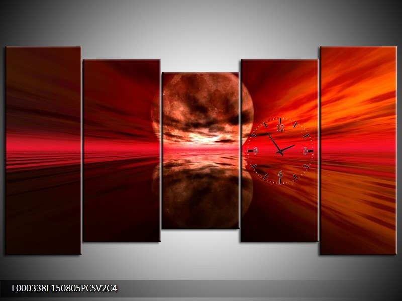 Klok schilderij Zonsondergang | Rood, Oranje, Zwart | 150x80cm 5Luik