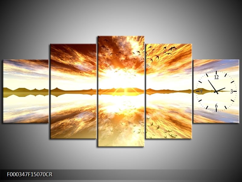 Klok schilderij Zonsondergang | Geel, Wit, Grijs | 150x70cm 5Luik