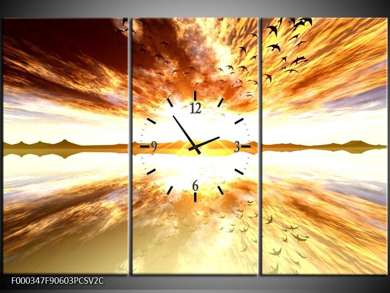Klok schilderij Zonsondergang | Geel, Wit, Grijs | 90x60cm 3Luik