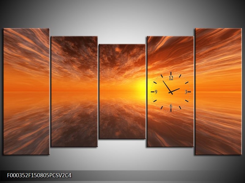 Klok schilderij Zonsondergang | Geel, Oranje, Goud | 150x80cm 5Luik