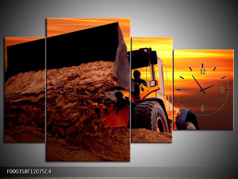 Klok schilderij Tractor | Bruin, Geel, Oranje | 120x75cm 4Luik