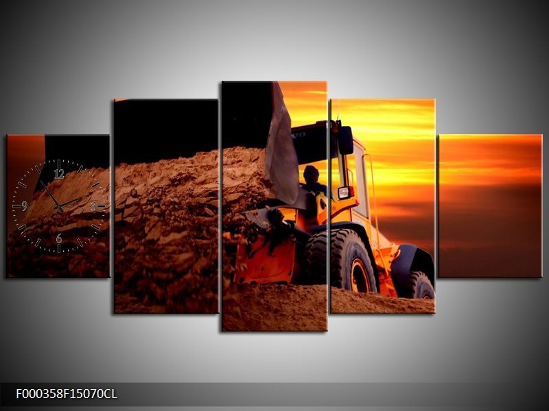Klok schilderij Tractor | Bruin, Geel, Oranje | 150x70cm 5Luik