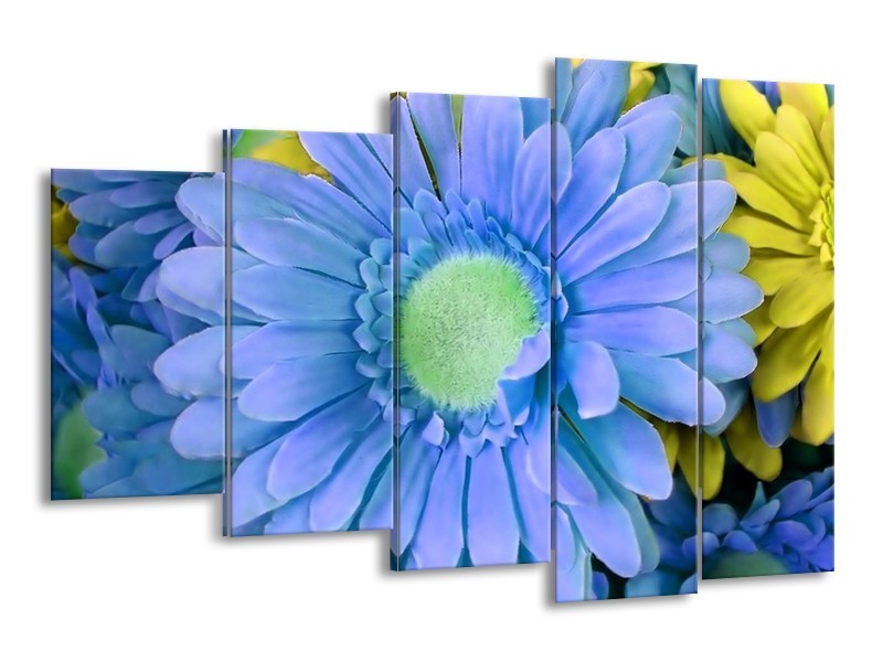 Canvas schilderij Gerbera | Blauw, Geel, Groen | 150x100cm 5Luik