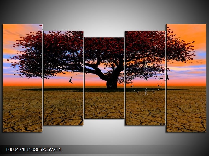 Klok schilderij Boom | Bruin, Oranje, Zwart | 150x80cm 5Luik