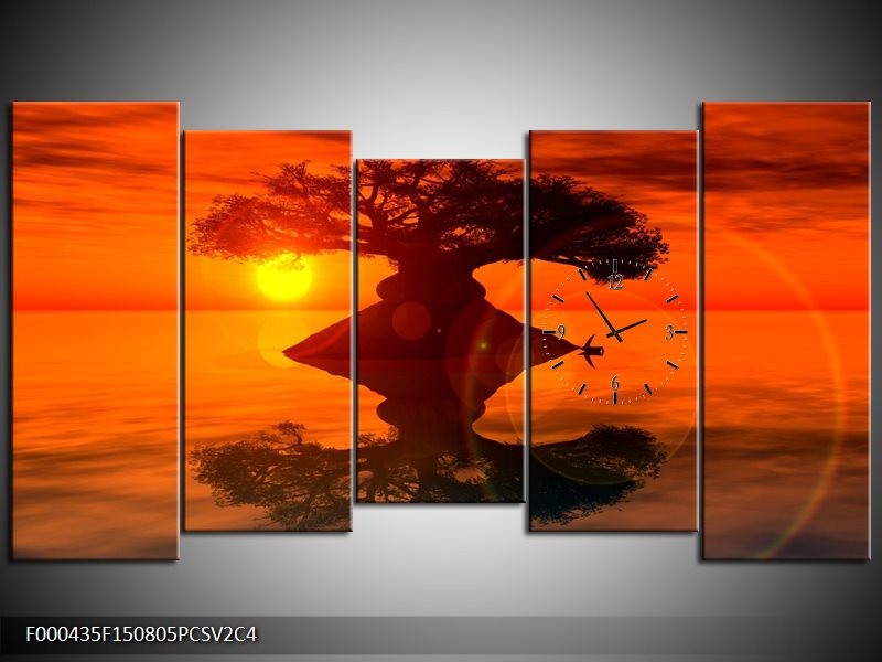 Klok schilderij Spiegeling | Oranje, Geel, Bruin | 150x80cm 5Luik