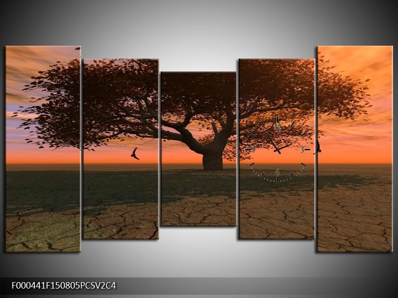 Klok schilderij Boom | Bruin, Grijs, Zwart | 150x80cm 5Luik