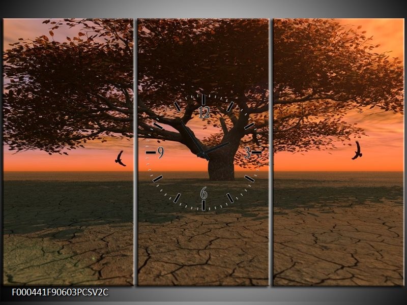 Klok schilderij Boom | Bruin, Grijs, Zwart | 90x60cm 3Luik