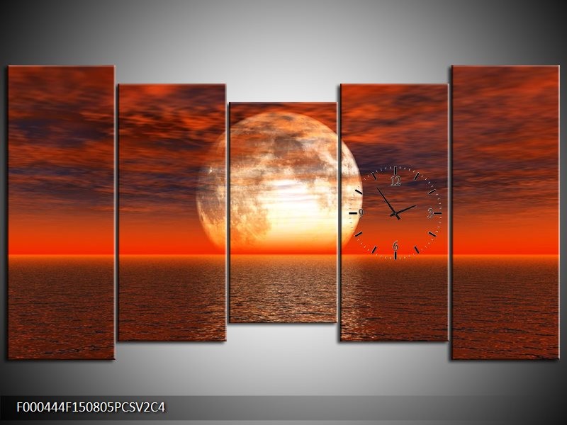 Klok schilderij Zonsondergang | Rood, Grijs, Wit | 150x80cm 5Luik