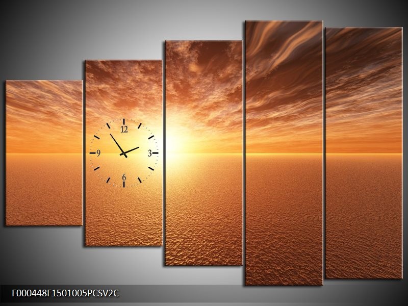 Klok schilderij Zonsondergang | Geel, Bruin, Grijs | 150x100cm 5Luik