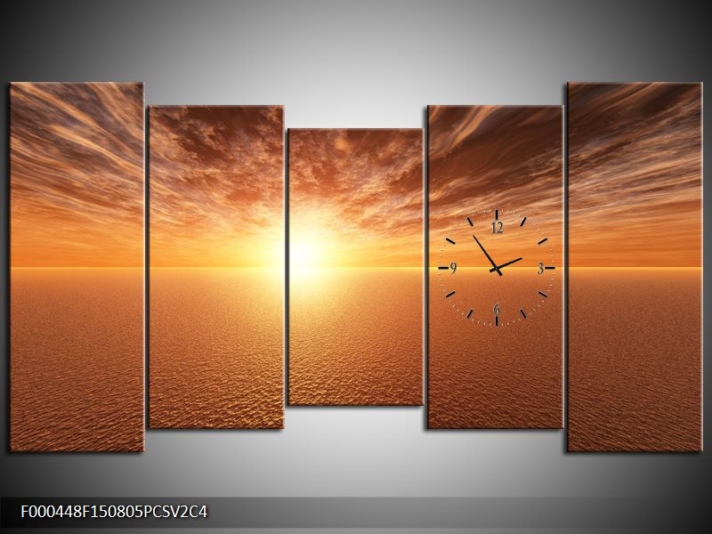 Klok schilderij Zonsondergang | Geel, Bruin, Grijs | 150x80cm 5Luik
