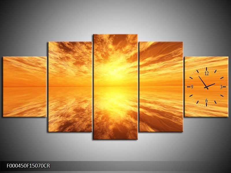 Klok schilderij Zonsondergang | Geel, Bruin, Grijs | 150x70cm 5Luik