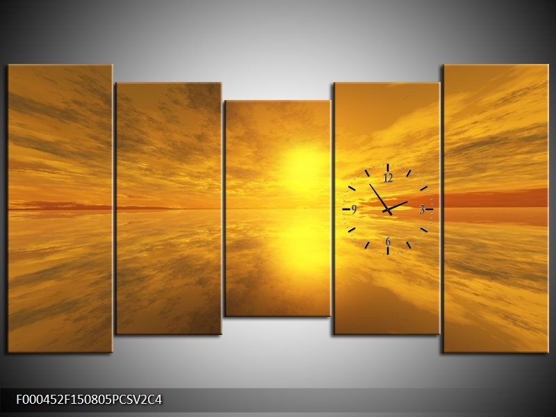 Klok schilderij Zonsondergang | Geel, Oranje, Grijs | 150x80cm 5Luik