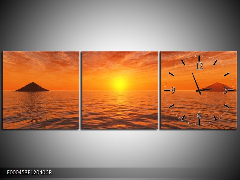 Klok schilderij Zonsondergang | Geel, Oranje, Grijs | 120x40cm 3Luik