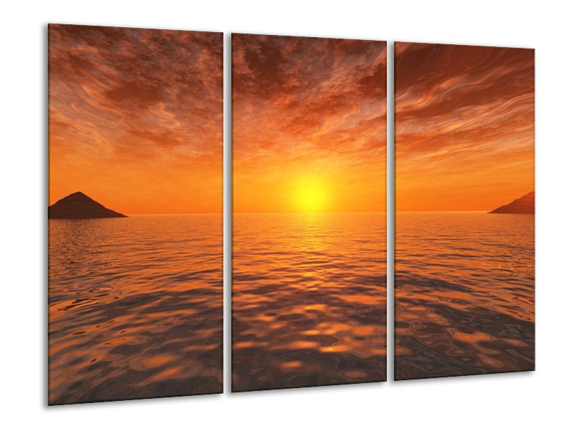 Canvas schilderij Zonsondergang | Geel, Oranje, Grijs | 120x80cm 3Luik