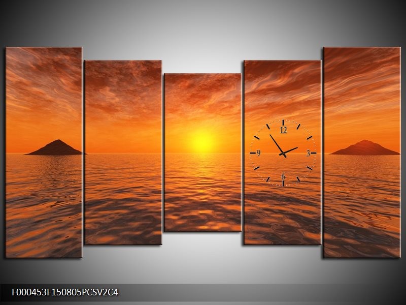Klok schilderij Zonsondergang | Geel, Oranje, Grijs | 150x80cm 5Luik