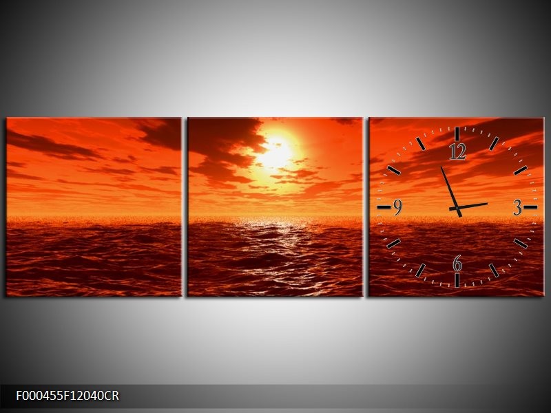 Klok schilderij Zonsondergang | Geel, Oranje, Grijs | 120x40cm 3Luik