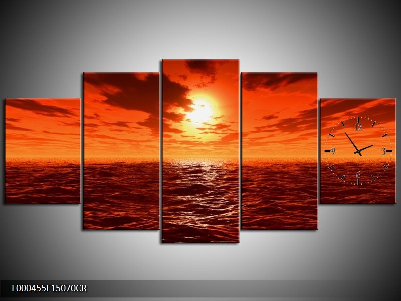 Klok schilderij Zonsondergang | Geel, Oranje, Grijs | 150x70cm 5Luik