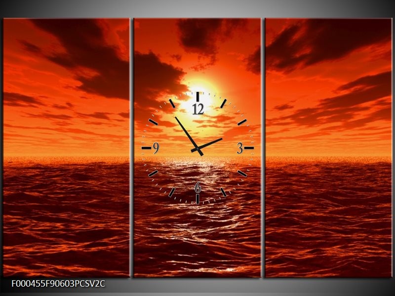 Klok schilderij Zonsondergang | Geel, Oranje, Grijs | 90x60cm 3Luik