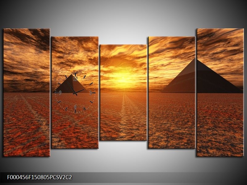 Klok schilderij Zonsondergang | Geel, Oranje, Grijs | 150x80cm 5Luik