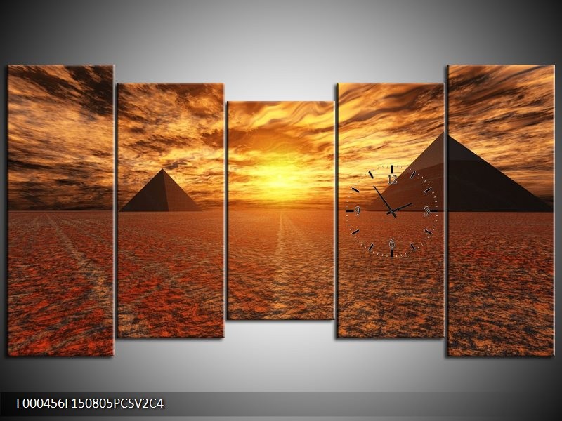 Klok schilderij Zonsondergang | Geel, Oranje, Grijs | 150x80cm 5Luik