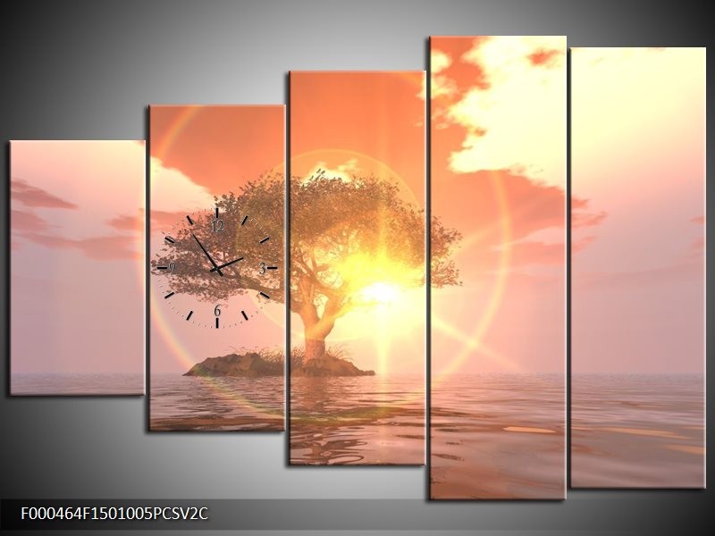 Klok schilderij Zonsondergang | Geel, Paars, Wit | 150x100cm 5Luik