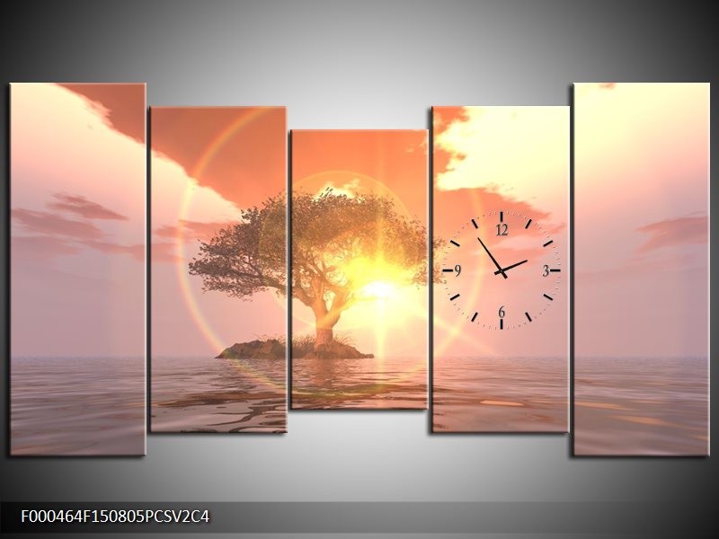 Klok schilderij Zonsondergang | Geel, Paars, Wit | 150x80cm 5Luik