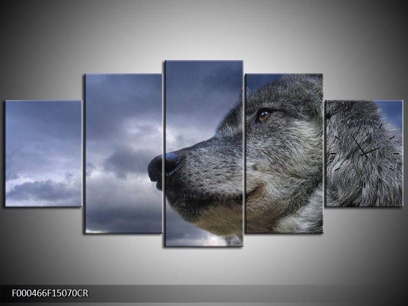 Klok schilderij Wolf | Grijs, Blauw, Wit | 150x70cm 5Luik