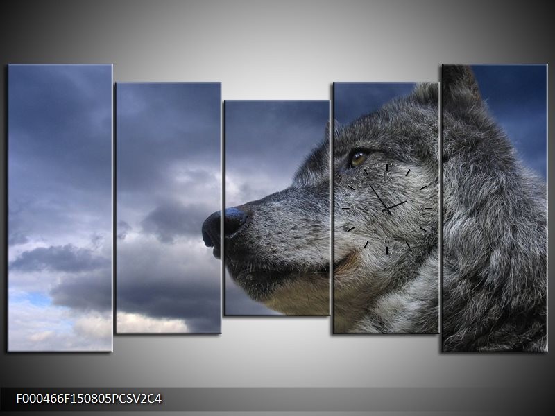 Klok schilderij Wolf | Grijs, Blauw, Wit | 150x80cm 5Luik