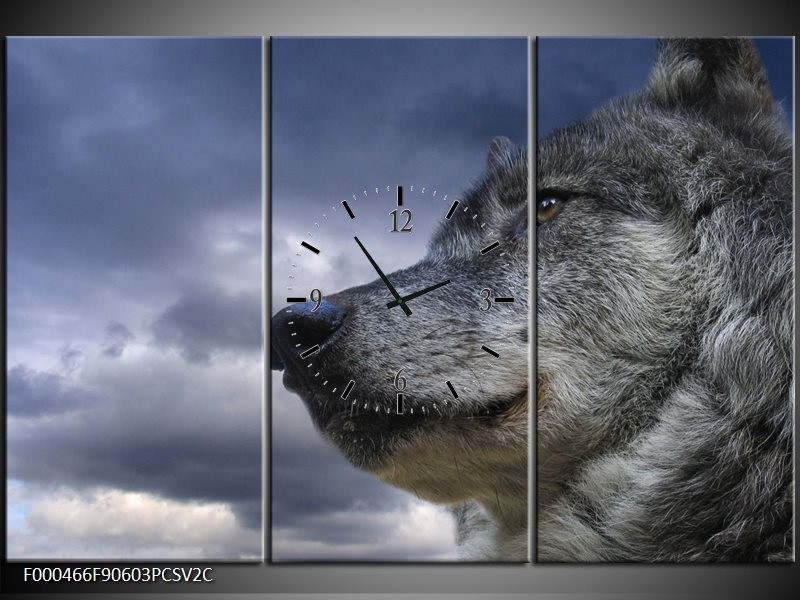 Klok schilderij Wolf | Grijs, Blauw, Wit | 90x60cm 3Luik
