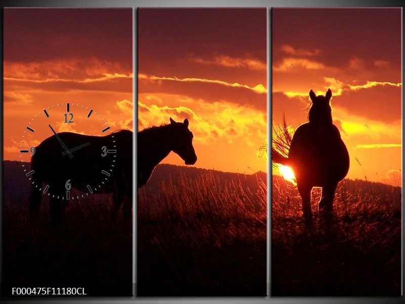 Klok schilderij Paarden | Zwart, Geel, Oranje | 111x80cm 3Luik