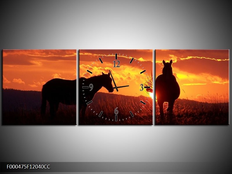 Klok schilderij Paarden | Zwart, Geel, Oranje | 120x40cm 3Luik