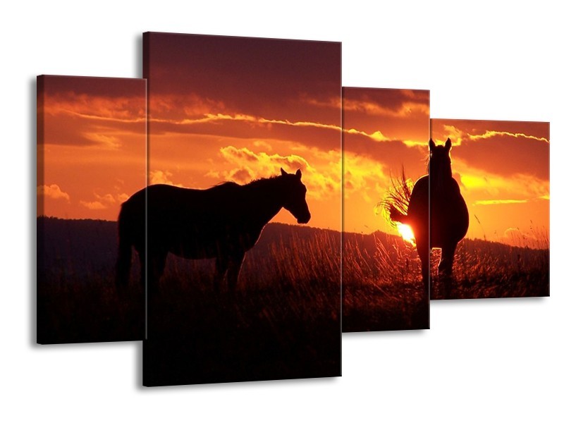 Canvas schilderij Paarden | Zwart, Geel, Oranje | 120x75cm 4Luik