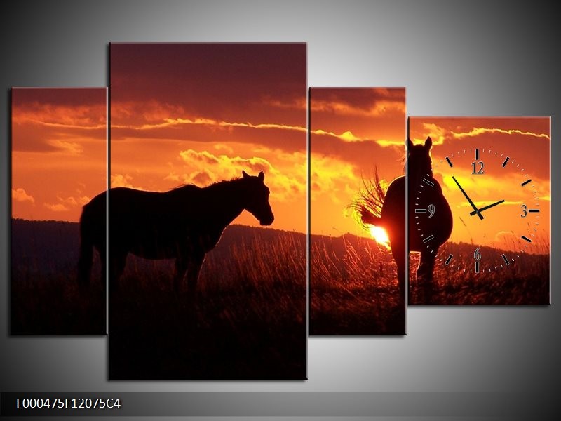 Klok schilderij Paarden | Zwart, Geel, Oranje | 120x75cm 4Luik