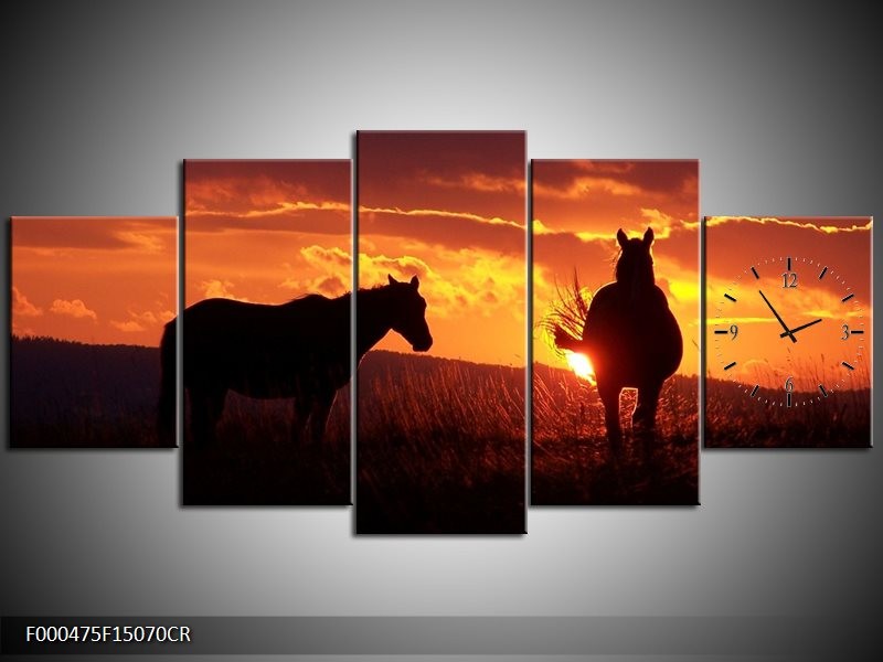 Klok schilderij Paarden | Zwart, Geel, Oranje | 150x70cm 5Luik
