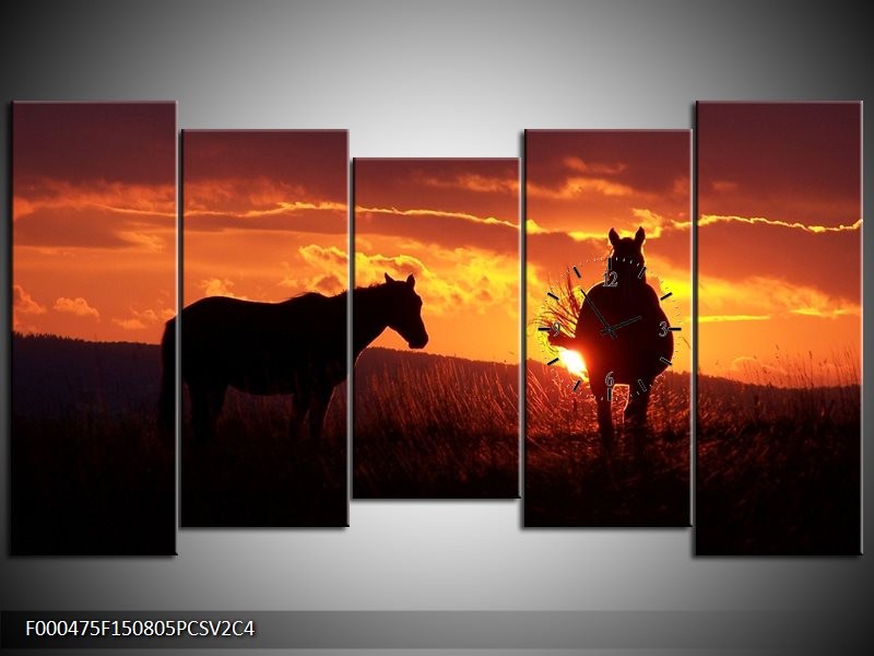 Klok schilderij Paarden | Zwart, Geel, Oranje | 150x80cm 5Luik